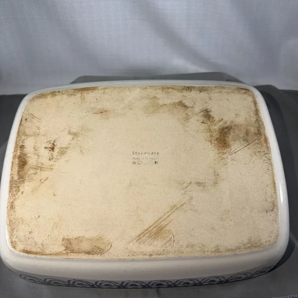 Grestel Portugal Stoneware Casserole Baking Dish Blue White Stamped Rectangular